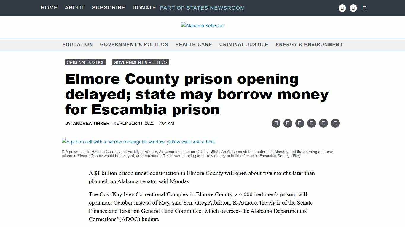 Elmore County prison opening delayed; state may borrow money for Escambia prison Alabama Reflector